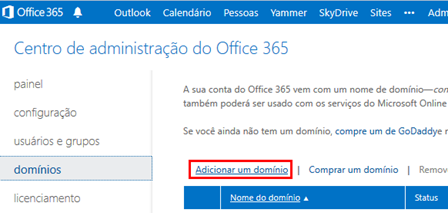 Adicionando um domínio no Office 365